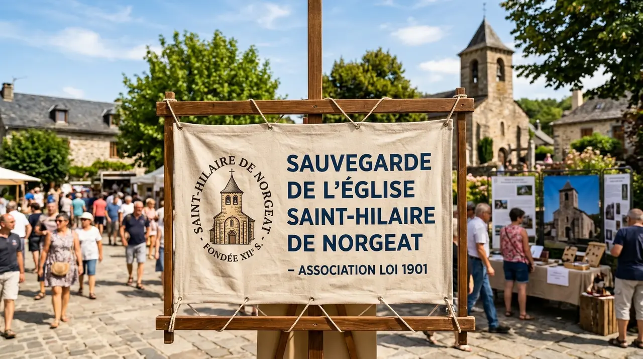 Official fabric banner of Association de Sauvegarde de l'Église Saint-Hilaire de Norgeat displayed at heritage gathering