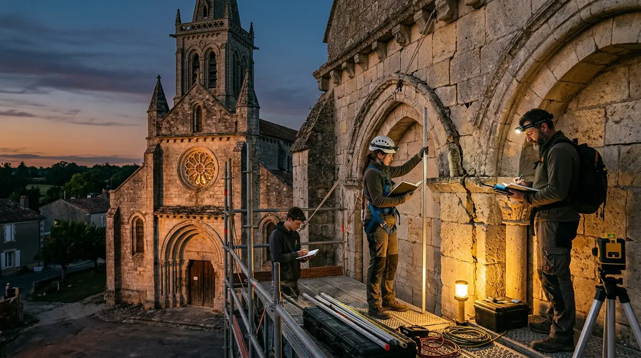 Conservation team carrying out architectural measurements and diagnostics on Saint-Hilaire church