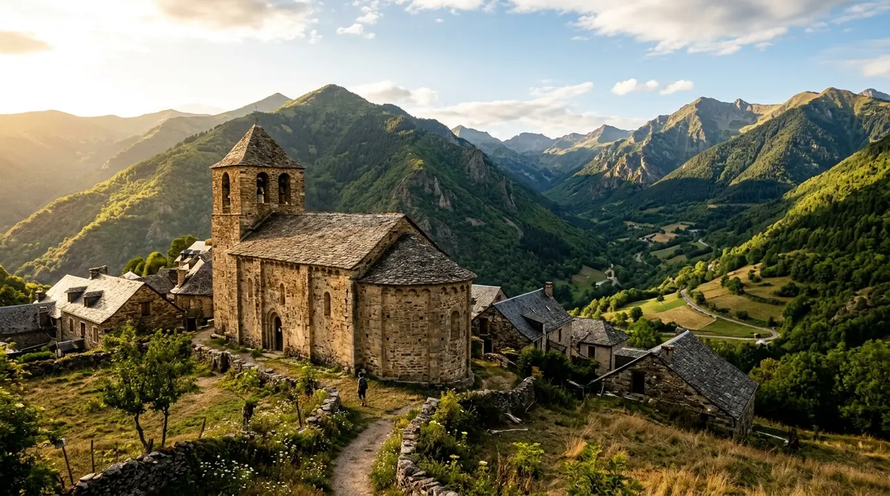 Historic stone Romanesque church of Saint-Hilaire in the mountain hamlet of Norgeat Ariège