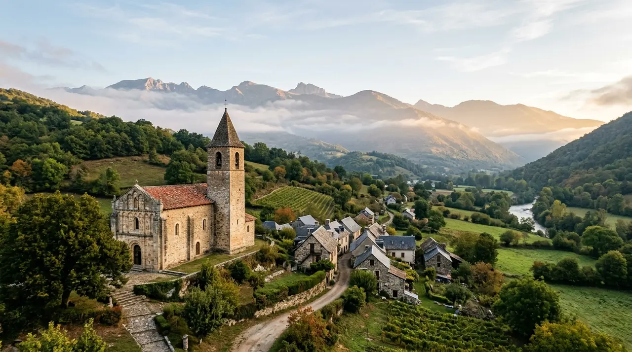 Panoramic view of Norgeat hamlet and Saint-Hilaire church against Ariège Pyrenean mountains