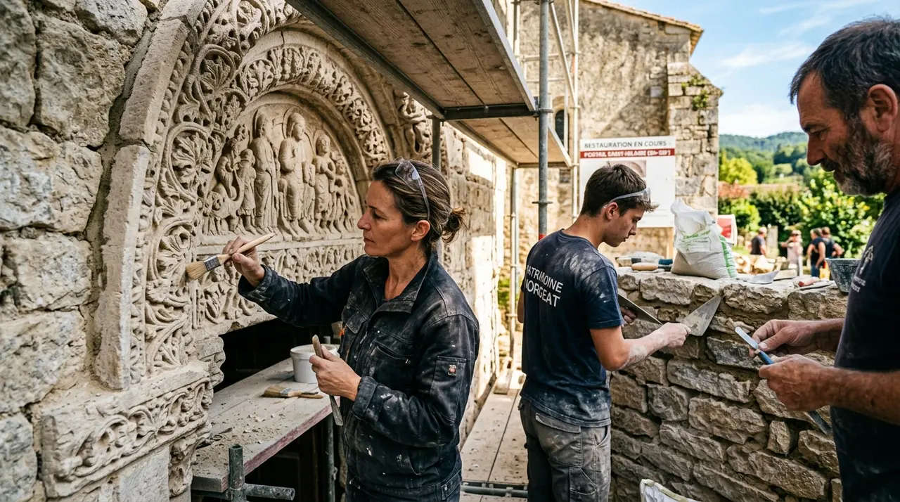 Active masonry consolidation on the north wall of Saint-Hilaire