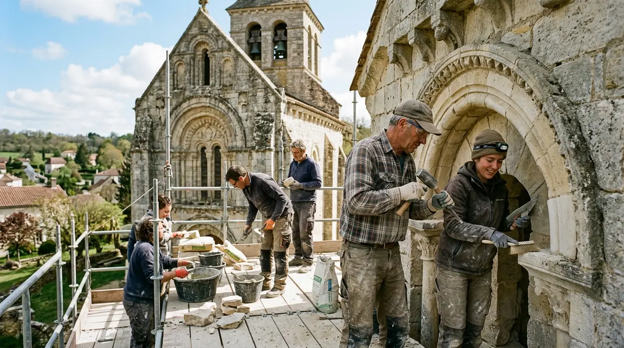 Artisans and volunteers inspecting stone joints and repointing walls with lime mortar