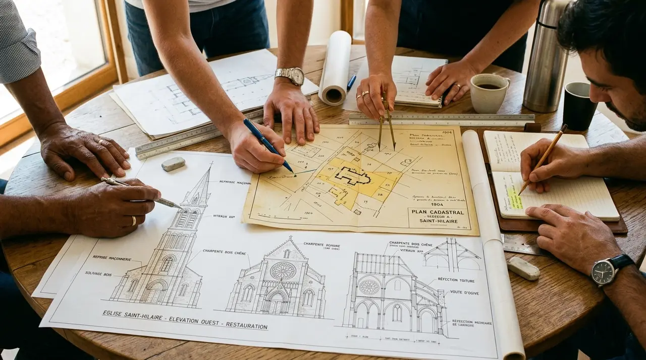 Architectural survey documents and historic blueprints on table
