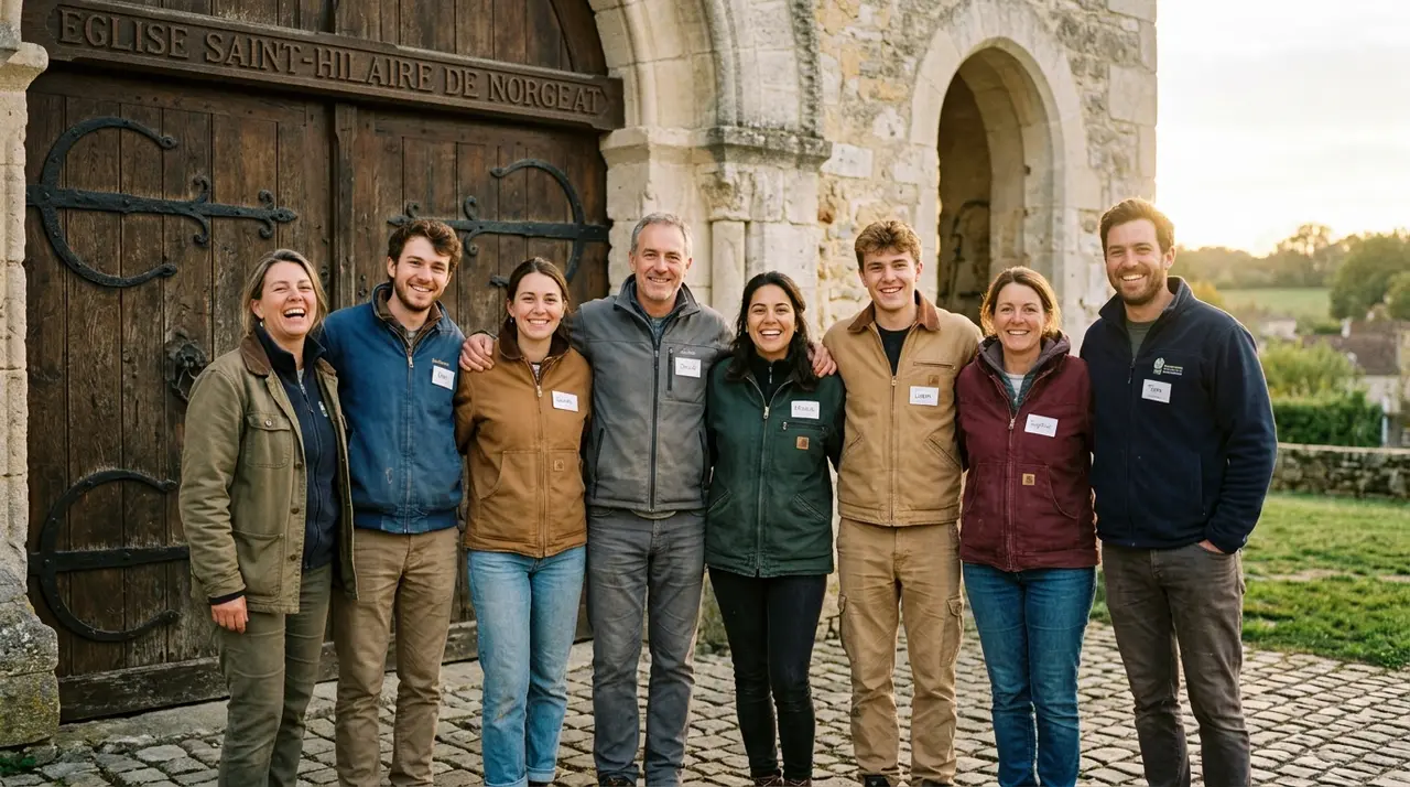 Dedicated volunteers standing in front of Saint-Hilaire church in Norgeat