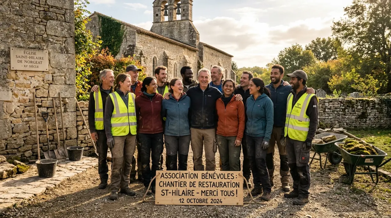 Group of association volunteers gathered happily after a conservation workday in Norgeat