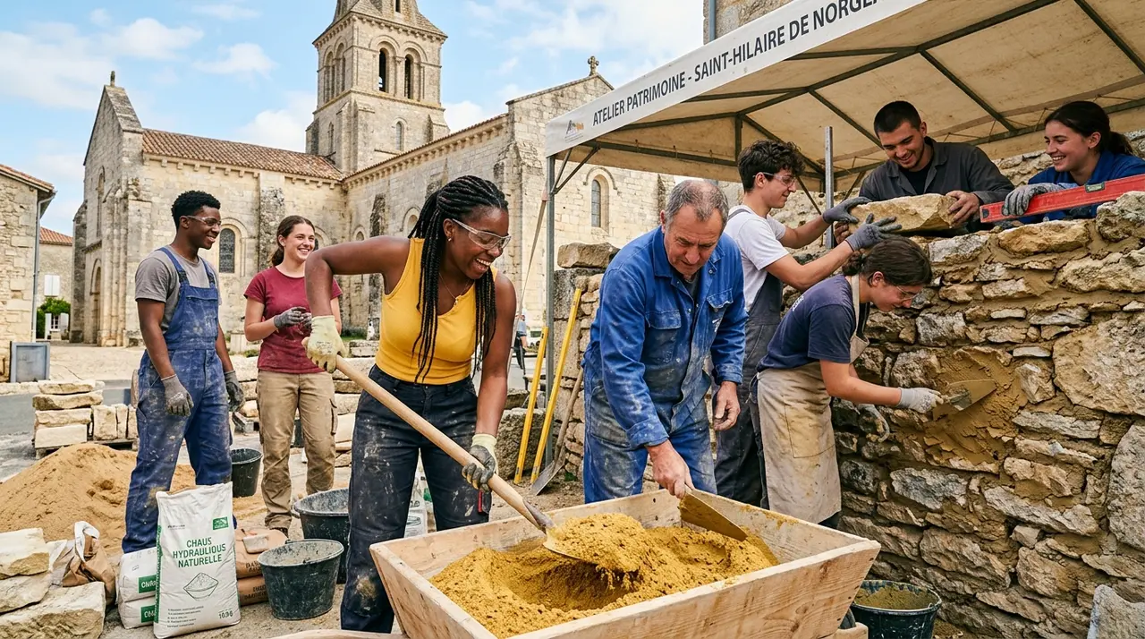 Young apprentices and students participating in traditional lime mortar workshop